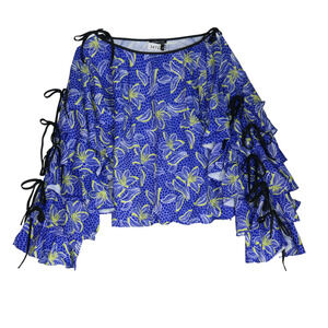 NEW CQ Blue Blouse Womens Large Long Slit Sleeves with Ruffles and Ties Boho